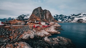 buildings, mountains, recreation, travel, rocks, Lofoten islands, Svolvaer, Norway