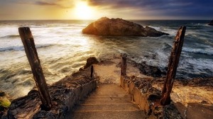 steps, ladder, descent, stakes, sea, waves, foam, rock, sun, light, cloudy, horizon