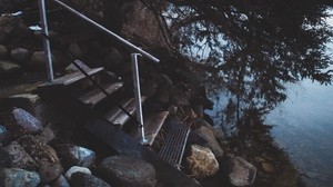 stairs, shore, river, trees