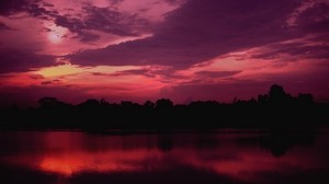 dusk, lake, trees, sunset, sky, purple, dark