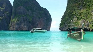 タイ、熱帯、海、ボート、岩