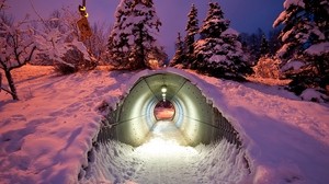 tunnel, rör, vinter, snö, ljus