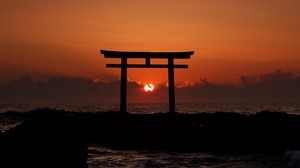 torii, arch, sea, sunset, horizon, sun