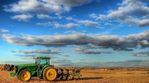 tractor, campo, arado, nubes, agricultura