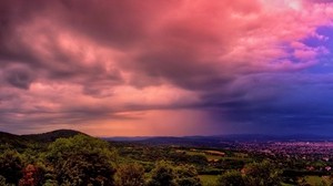 hierba, árboles, cielo, puesta de sol