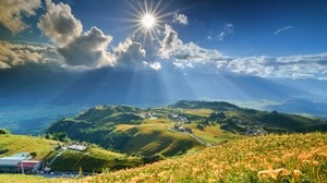 grass, sky, mountains, light, shine