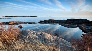 gräs, flod, sommar, himmel, krusningar