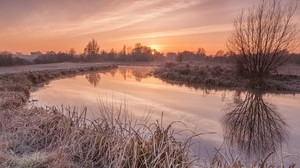 ruoho, joki, auringonlasku, kaunis