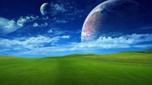 grass, greens, field, lawn, sky, planets, space, clouds