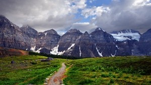 trail, mountains, rocks, green, gray, grass, contrast, clouds, sky, white