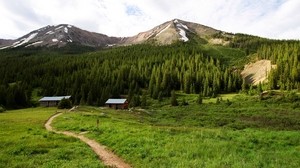 path, home, mountains, peaks, forest, snow, sky, green, summer, solitude