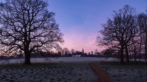 church, sunset, trees, grass, hoarfrost - wallpapers, picture