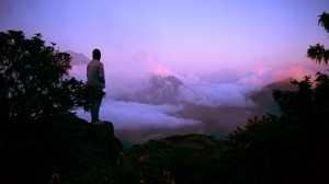 fog, man, mountains, peak