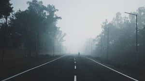 fog, road, trees, marking, horizon