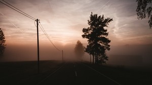 fog, road, trees, twilight, sky