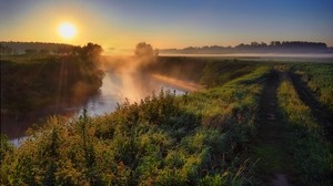 fog, haze, road, country, grass, sun, morning, dawn, river - wallpapers, picture
