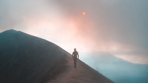 fog, mountain, man, loneliness, peak, solitude, sky