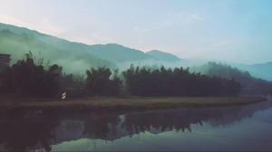 niebla, río, mañana