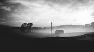 霧、夕暮れ、風景、黒と白、暗い