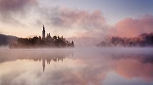 fog, water, castle, morning