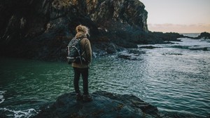 tourist, cliff, rocks, sea