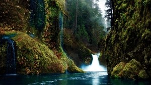gorge, waterfall, moss, rocks, mystery, colors - wallpapers, picture