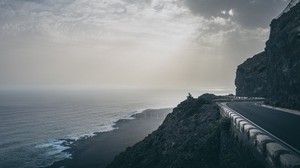 cliff, coast, silhouette, sea, road