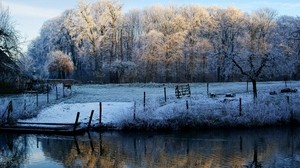 morning, lake, hoarfrost, frost, november, autumn, fencing