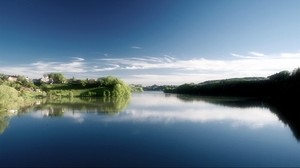 morning, water, sky, blue, village