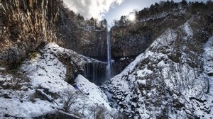 morning, waterfall, rocks, frost, freshness, sun, sunrise