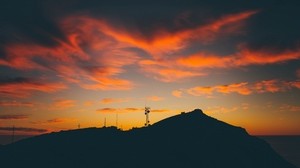 evening, hill, radio tower, clouds, outlines, dark
