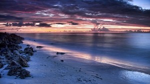 evening, clouds, sea, coast, dusk, sunset - wallpapers, picture