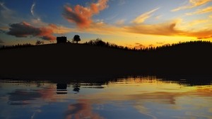 evening, outlines, lake, shore, trees, house, sky, clouds