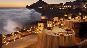 evening, table, dinner, restaurant, coast, view, lights, garland