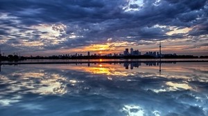 evening, sunset, city, island, distance, coast, clouds, reflection - wallpapers, picture