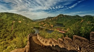 great wall of china, lake, mountains, landscape, china