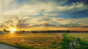 bicycle, field, clouds, silence, evening, sunset, sky - wallpapers, picture