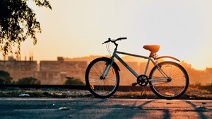 cykel, solnedgång, horisont, himmel