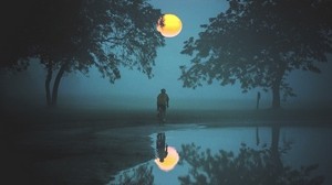 cyclist, fog, moon, water, trees, reflection