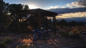 bicycles, garden furniture, parking, sunset, puddle, travel, utah - wallpapers, picture