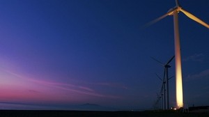wind turbines, coast, beach, sky
