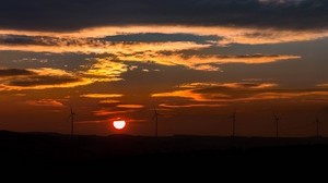 väderkvarnar, solnedgång, himmel