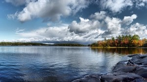 water, surface, lake, trees, autumn, sky, clouds