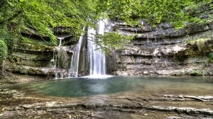 waterfall, tree, branch, rocks, jets, leaves