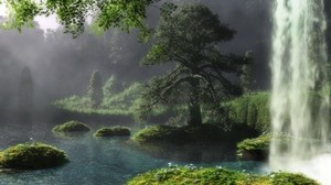 waterfall, tree, water, stream, grass, flowers, nature reserve