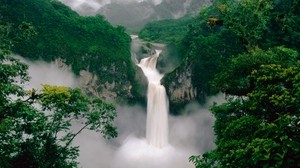 waterfall, trees, steam