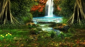 waterfall, trees, vegetation, nature, landscape