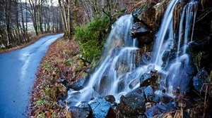 waterfall, road, trees, asphalt - wallpapers, picture