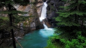 waterfall, ate, rocks, moss, noise