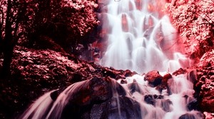 waterfall, photoshop, stones, flow, red - wallpapers, picture